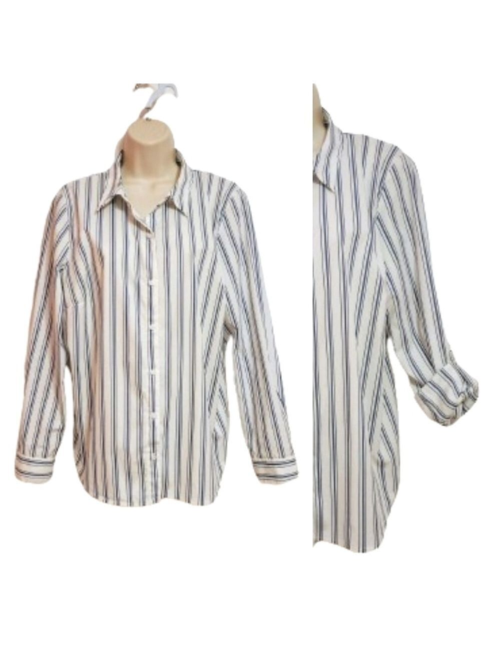Nine West Petite Striped Button Up Shirt White Blue XL